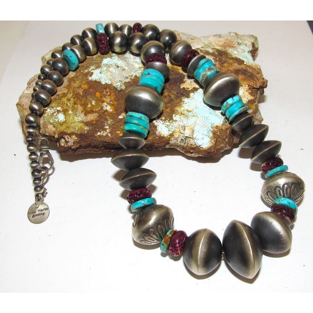 Sterling Navajo Pearls Purple Spiny & Turquoise 18” Signed
