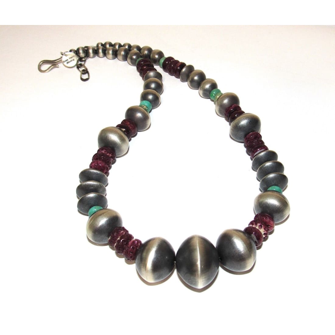 Sterling Navajo Pearls Purple Spiny & Turquoise 22” Signed