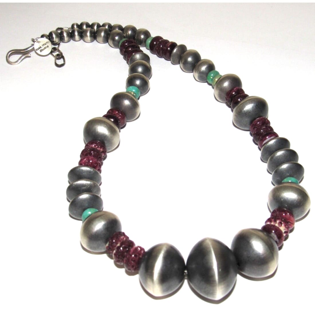 Sterling Navajo Pearls Purple Spiny & Turquoise 22” Signed