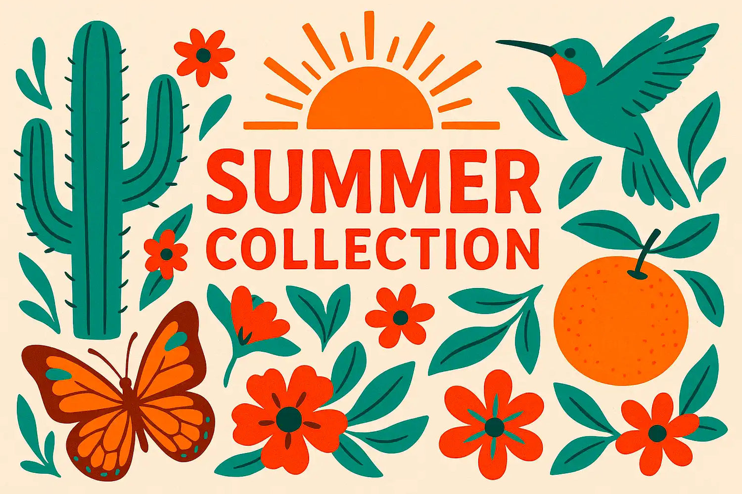 A vibrant illustration for a summer collection, featuring a cactus, butterfly, hummingbird, orange, sun, and various flowers.