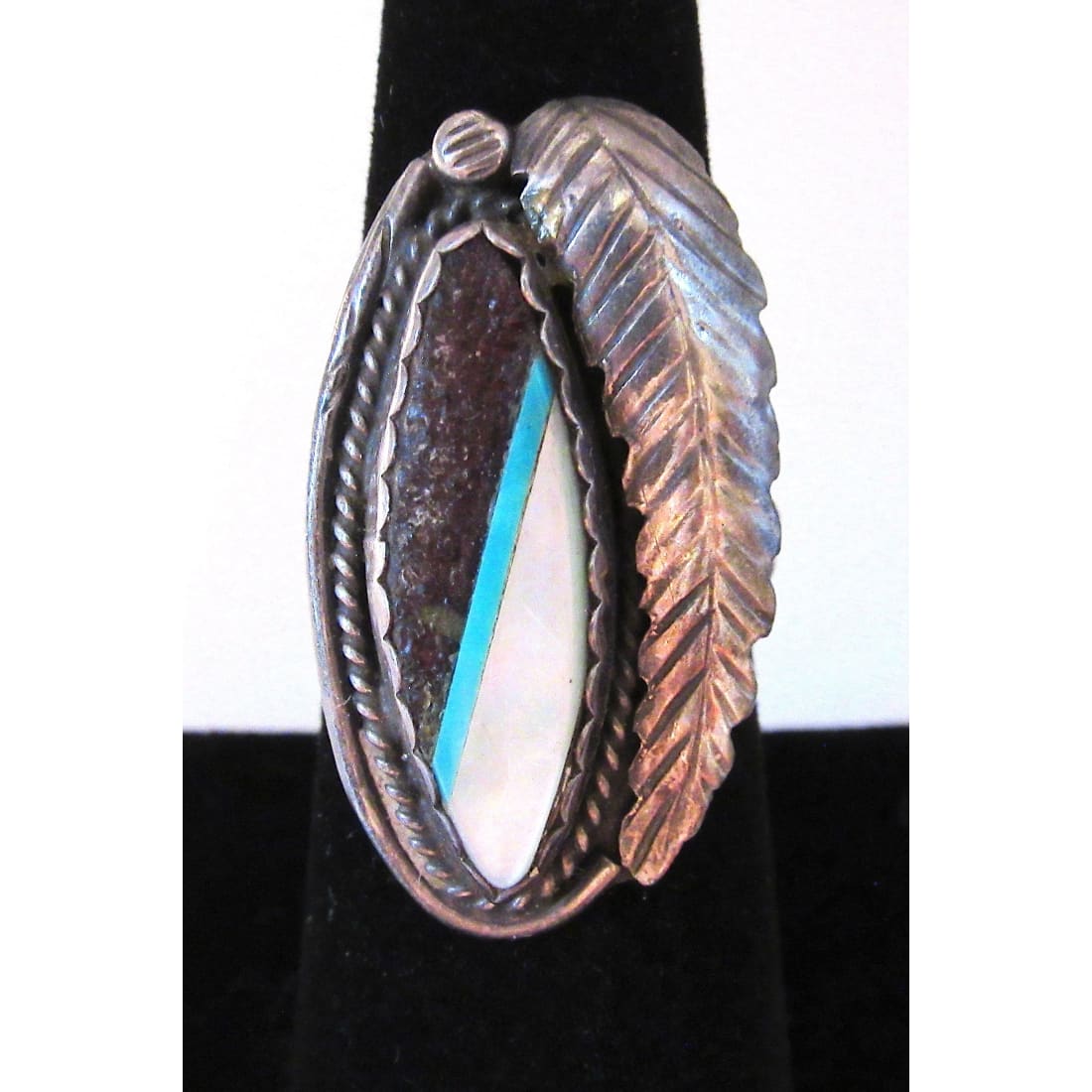 Vintage Navajo Inlay Ring Sz 8 Sterling Turquoise Mother