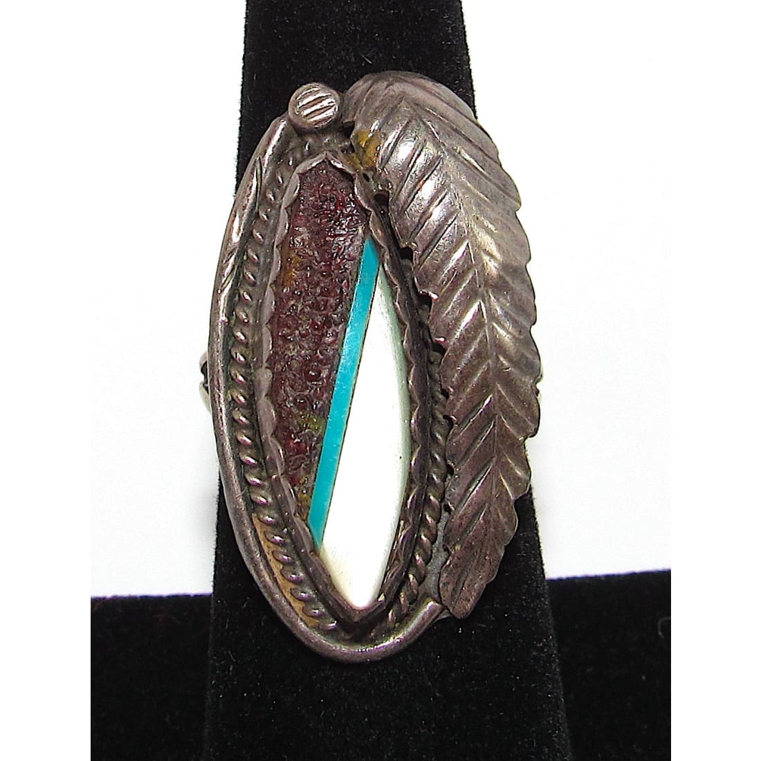 Vintage Navajo Inlay Ring Sz 8 Sterling Turquoise Mother