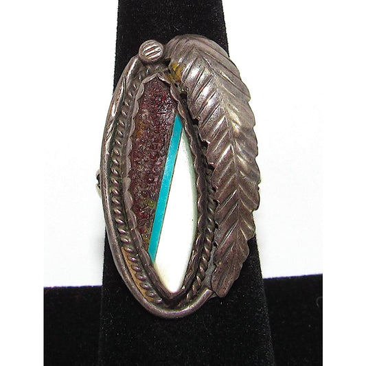 Vintage Navajo Inlay Ring Sz 8 Sterling Turquoise Mother