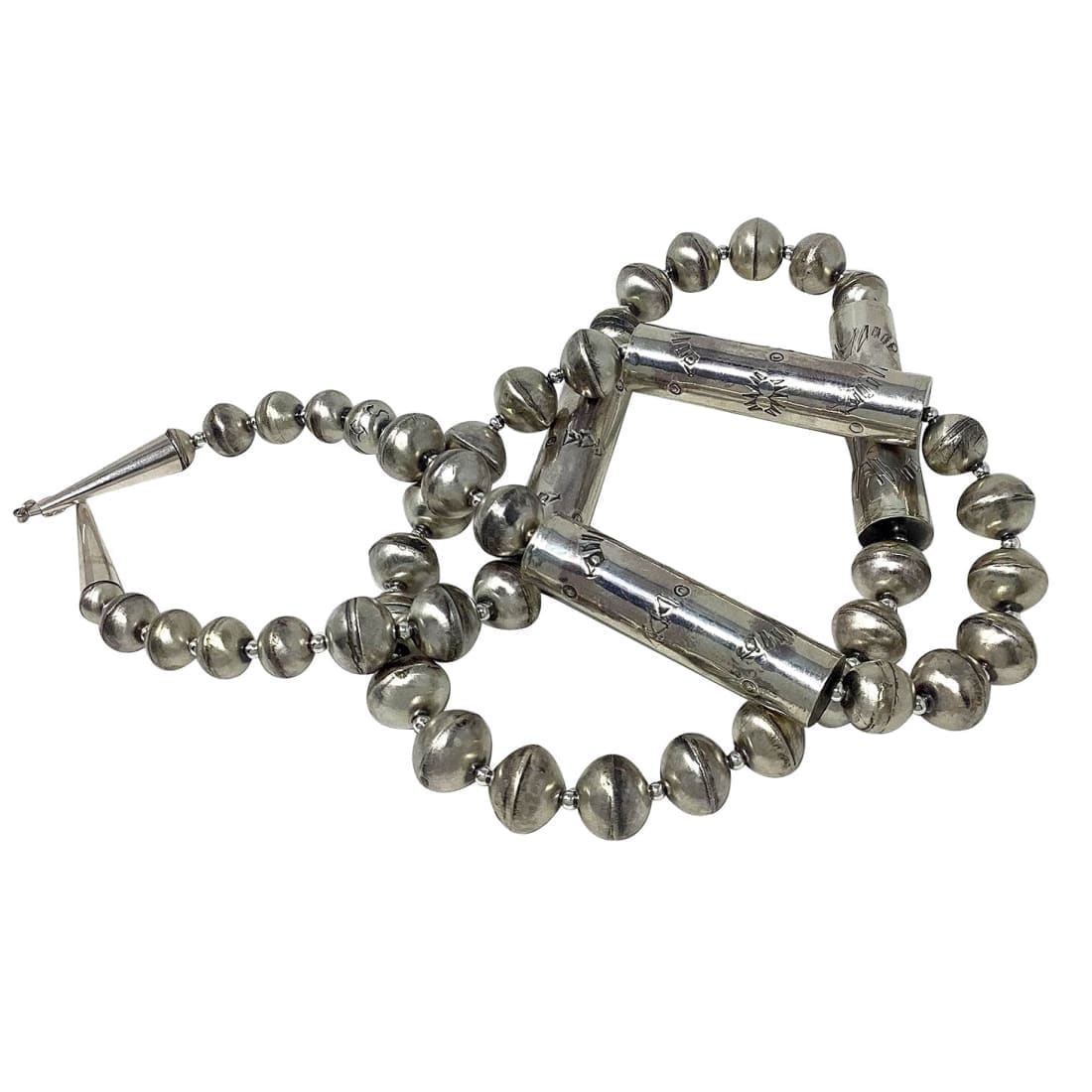 Vintage Navajo pearls necklace with antique silver beads and tubular accents from Native American jewelry