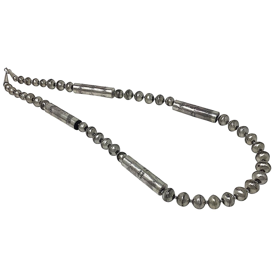 Vintage Navajo pearls necklace with silver beads and engraved tubular spacers by Native American artisan