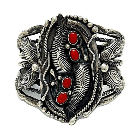 Vintage Navajo Sterling Silver Coral Cuff Bracelet Herbert