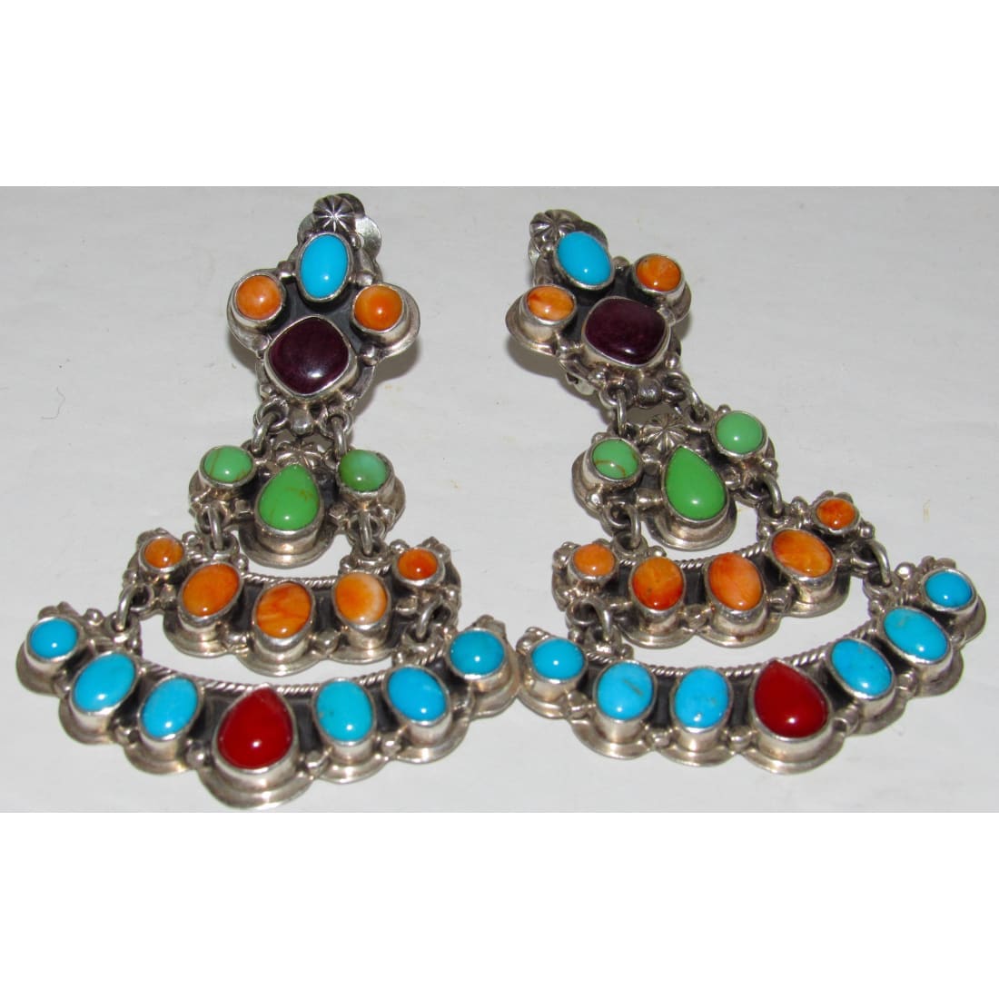 Vintage Navajo turquoise spiny dangle earrings with multicolor stones in silver setting