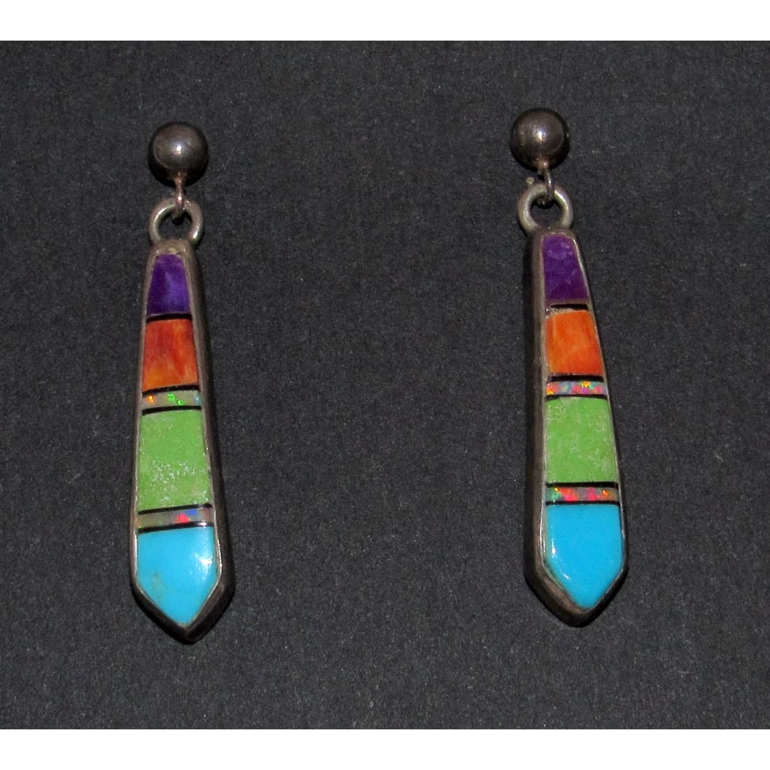 Vintage Zuni Inlay Dangle Earrings Turquoise Spiny Oyster