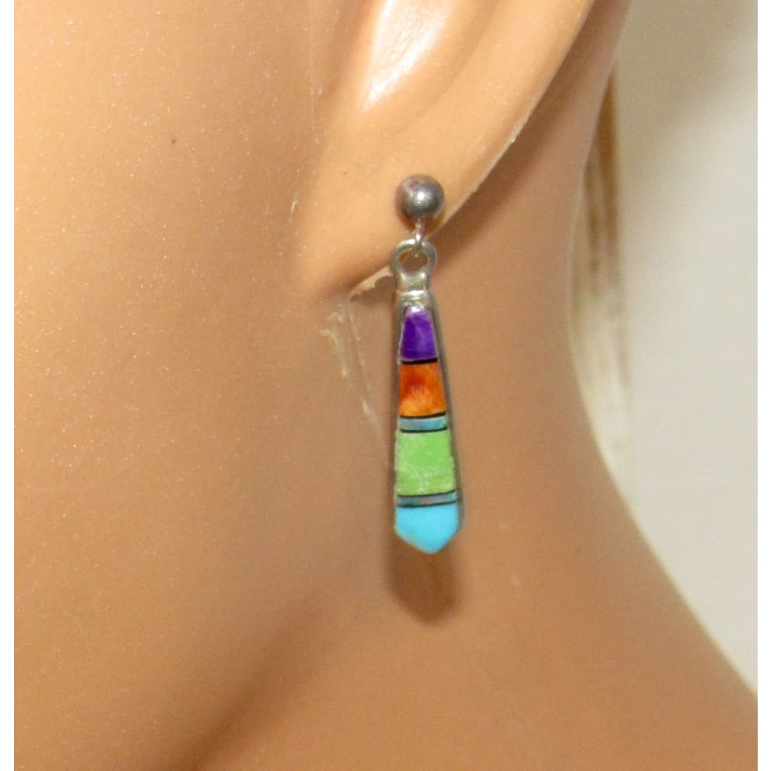 Vintage Zuni Inlay Dangle Earrings Turquoise Spiny Oyster