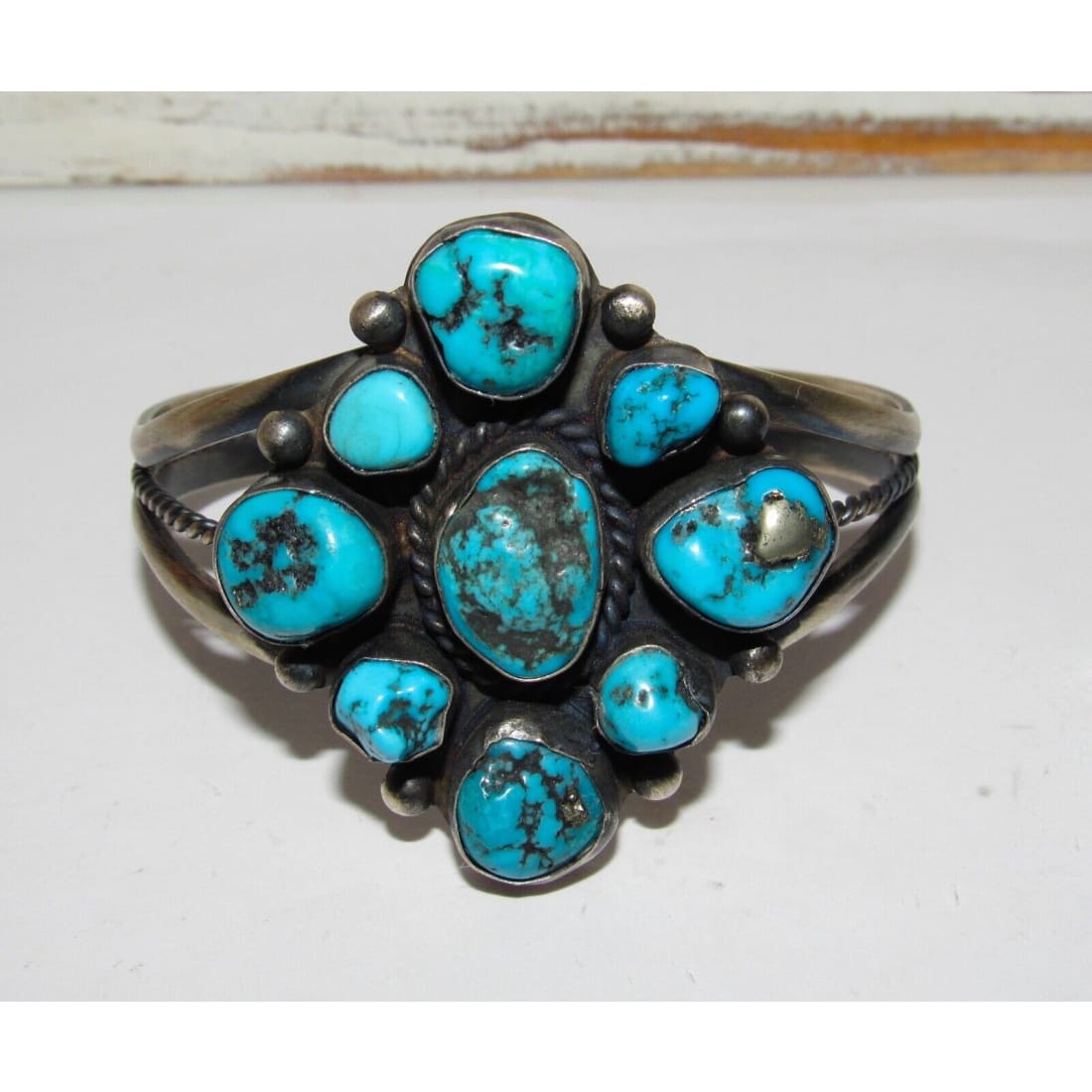 VTG Navajo Kingman Turquoise Cluster Cuff Bracelet Sterling