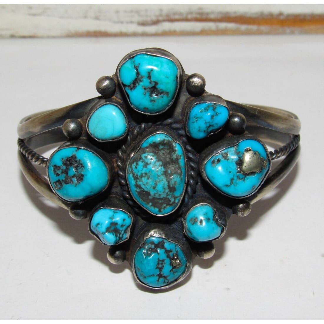 VTG Navajo Kingman Turquoise Cluster Cuff Bracelet Sterling