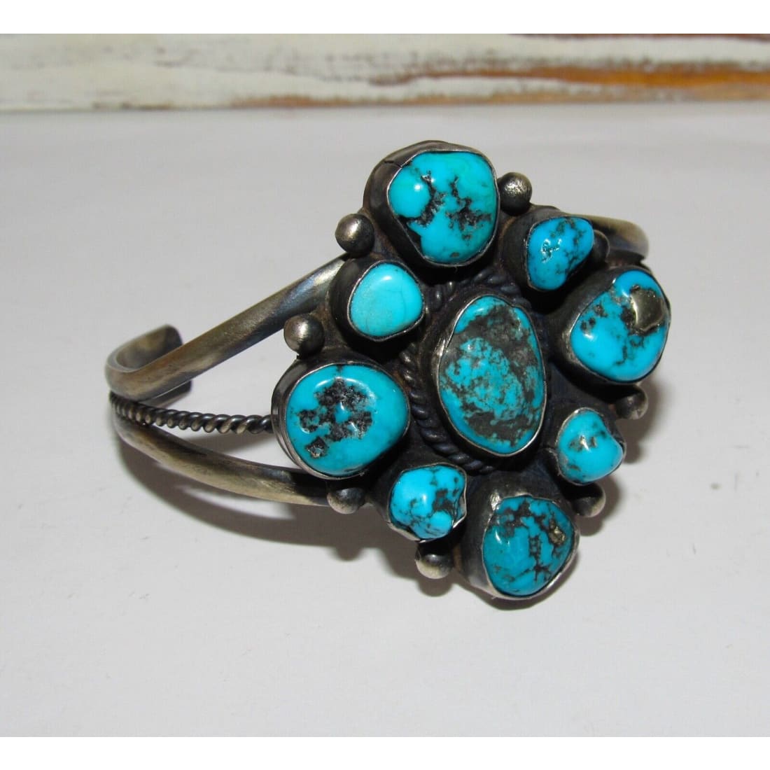 VTG Navajo Kingman Turquoise Cluster Cuff Bracelet Sterling