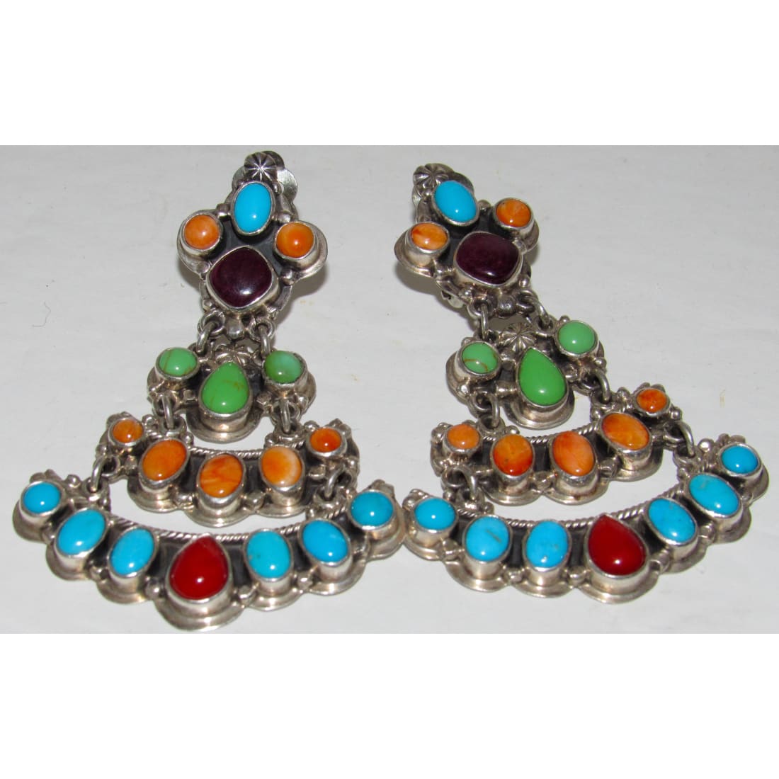 VTG Navajo Turquoise Dangle Earrings Orange Red Spiny