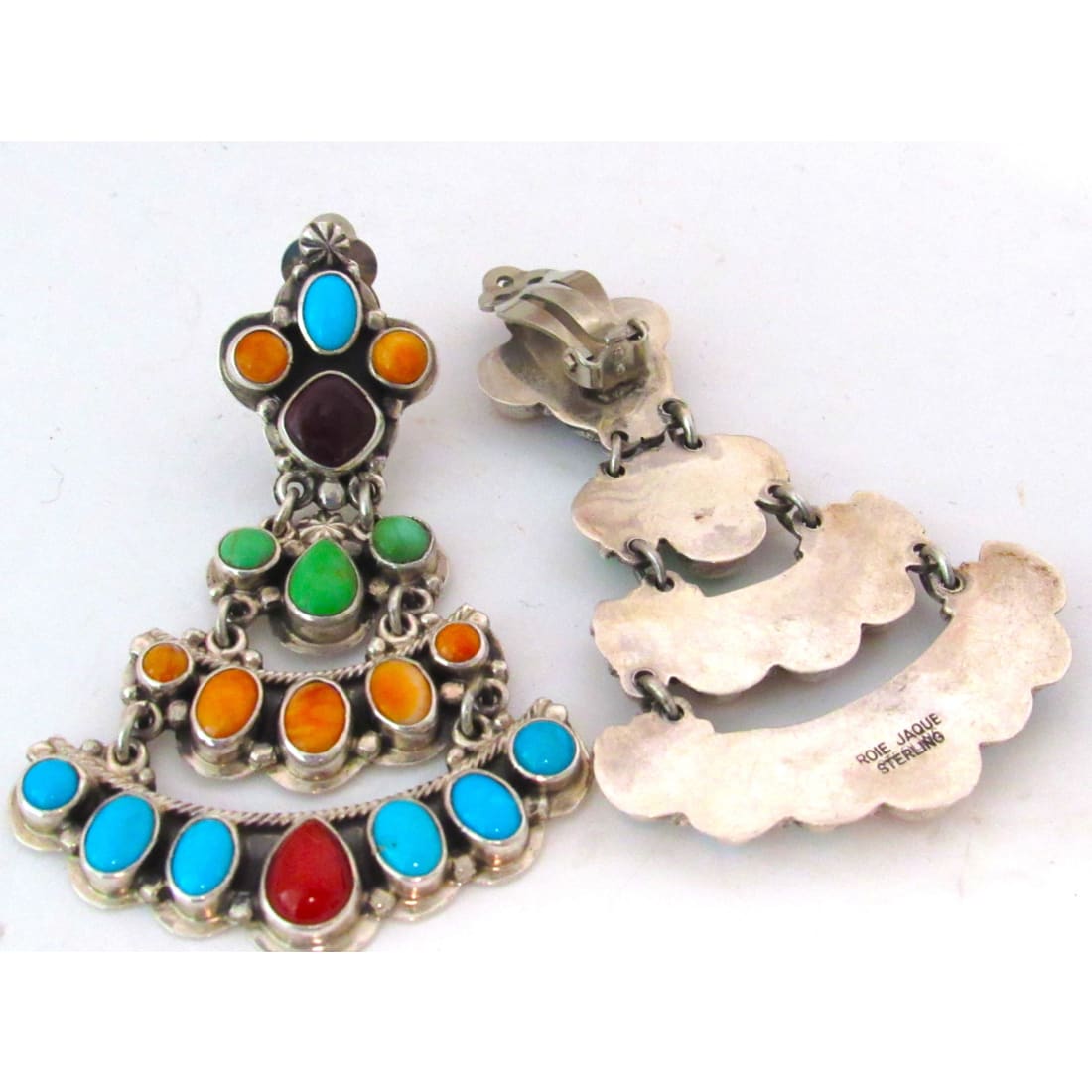 VTG Navajo Turquoise Dangle Earrings Orange Red Spiny