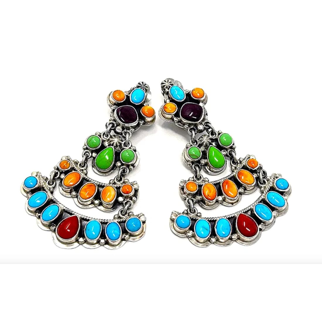 VTG Navajo Turquoise Dangle Earrings Orange Red Spiny