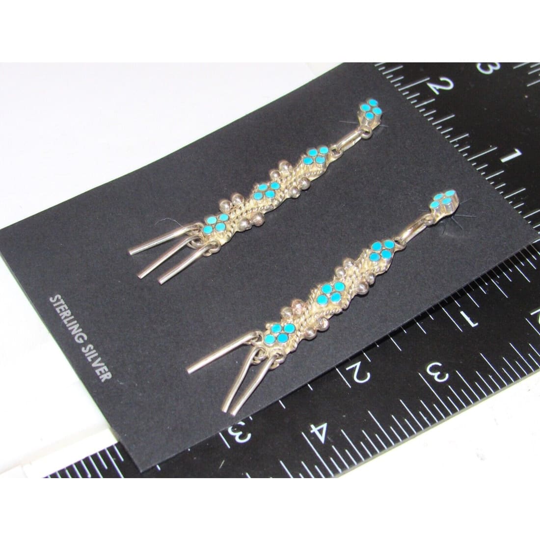 Zuni Dishta Style Inlay Turquoise Dangle Earrings Sterling