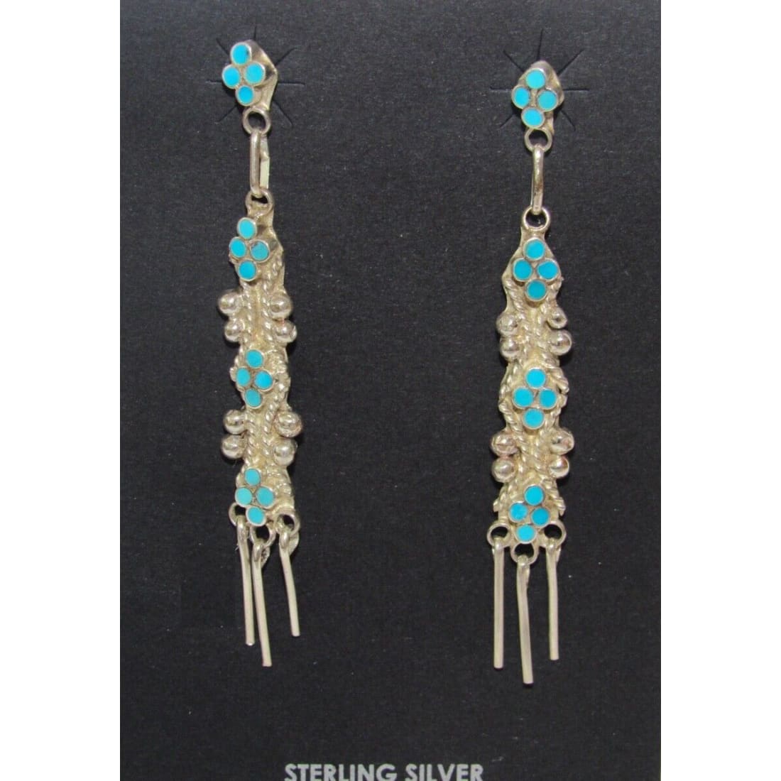 Zuni Dishta Style Inlay Turquoise Dangle Earrings Sterling