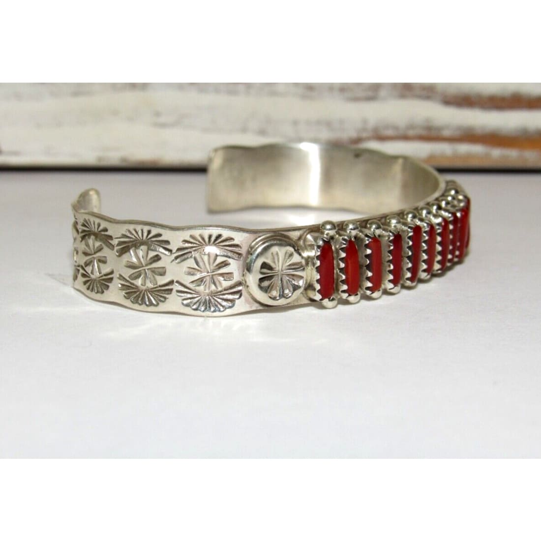 Zuni Mediterranean Coral Cuff Bracelet Sterling Silver