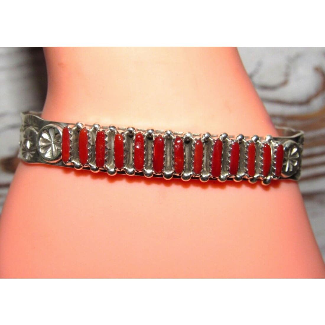 Zuni Mediterranean Coral Cuff Bracelet Sterling Silver