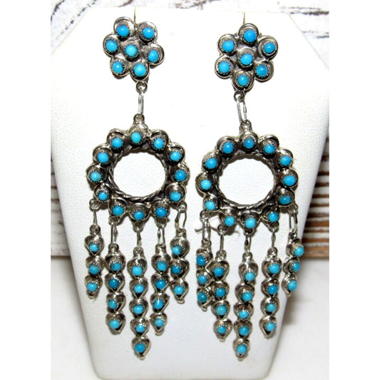 Zuni Needlepoint Turquoise Dangle Statement Earrings
