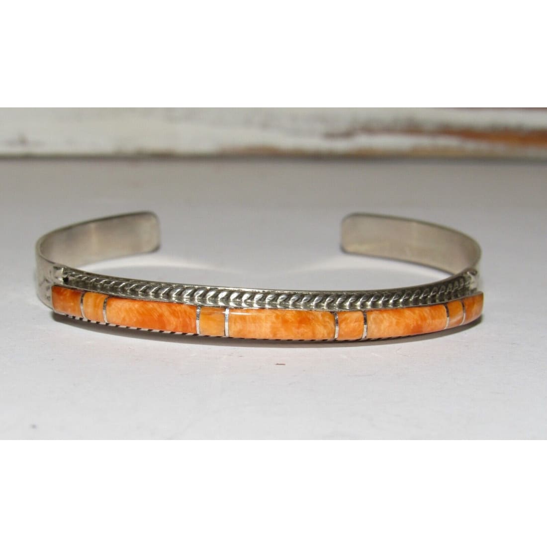 Zuni Orange Spiny Inlay Stacker Cuff Bracelet Sterling