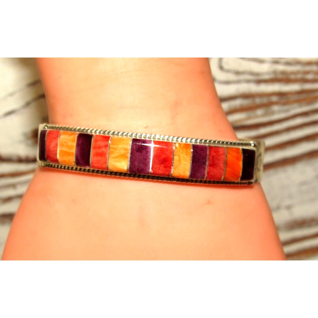 Zuni Red Orange Purple Spiny Inlay Stacker Cuff Bracelet