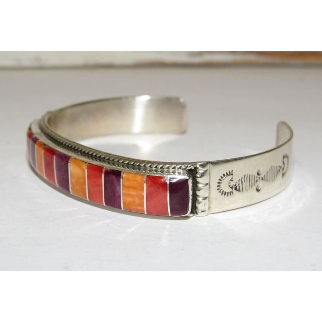 Zuni Red Orange Purple Spiny Inlay Stacker Cuff Bracelet