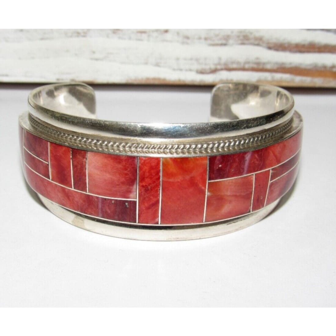 Zuni Red Spiny Inlay Statement Cuff Bracelet Sterling Rick &