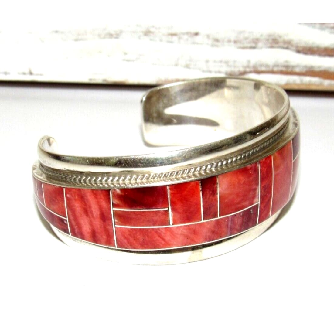 Zuni Red Spiny Inlay Statement Cuff Bracelet Sterling Rick &
