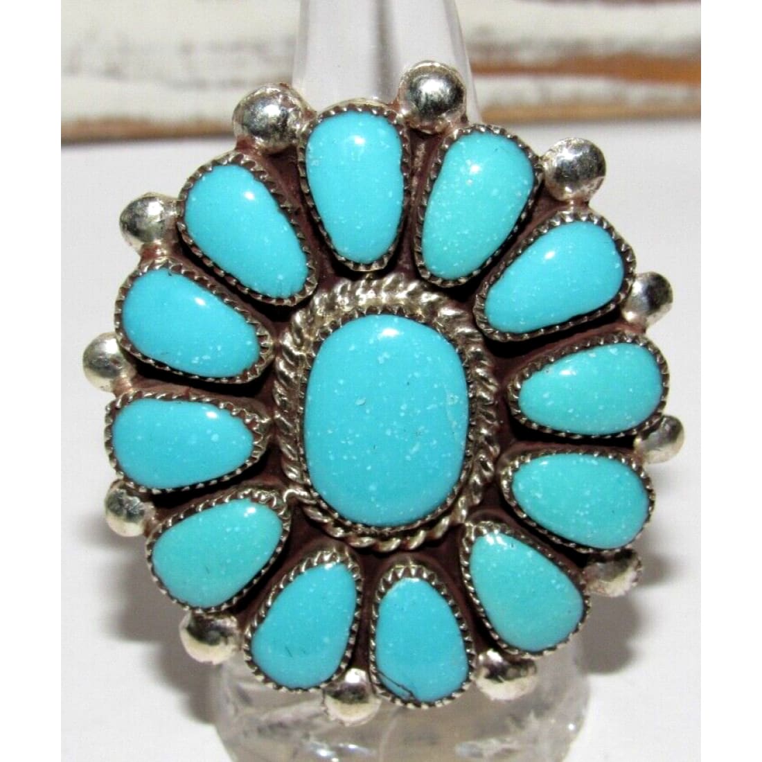 Zuni Royston Turquoise Statement Cluster Ring Sz 8 Sterling