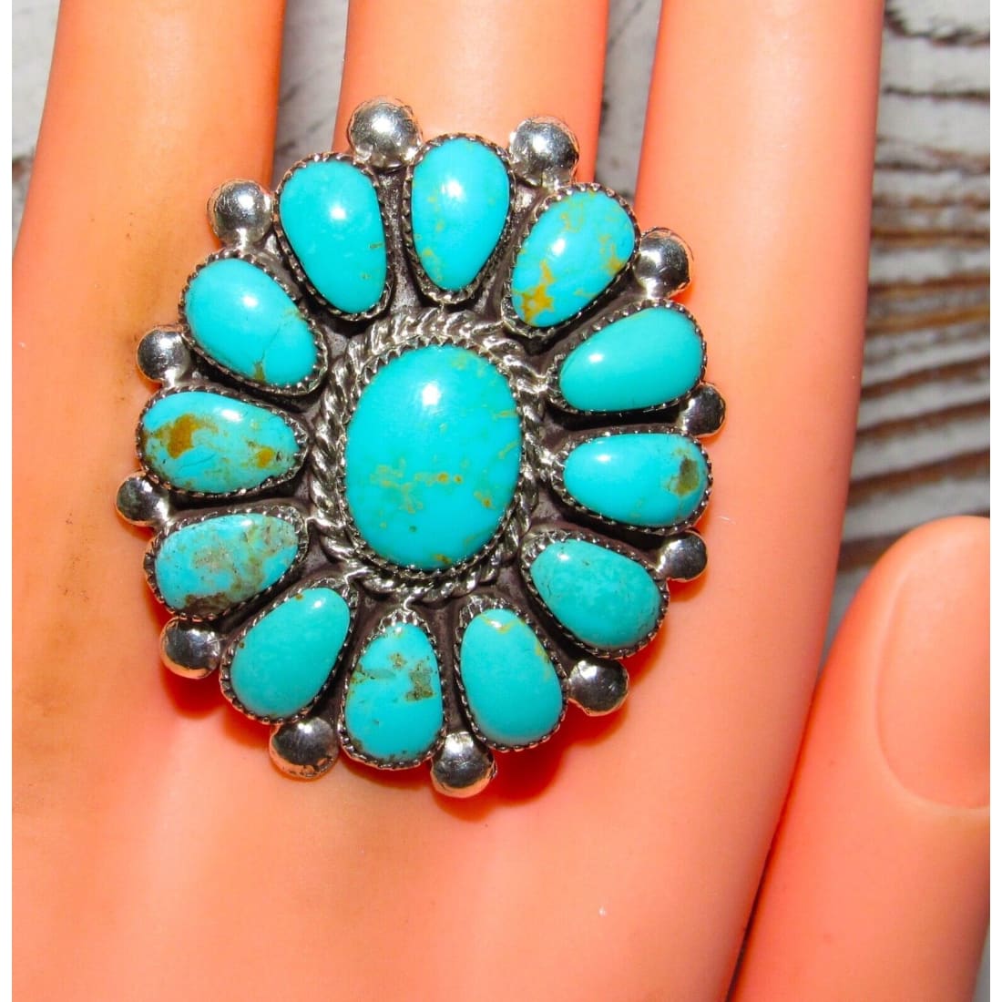 Zuni Royston Turquoise Statement Cluster Ring Sz 9 Sterling