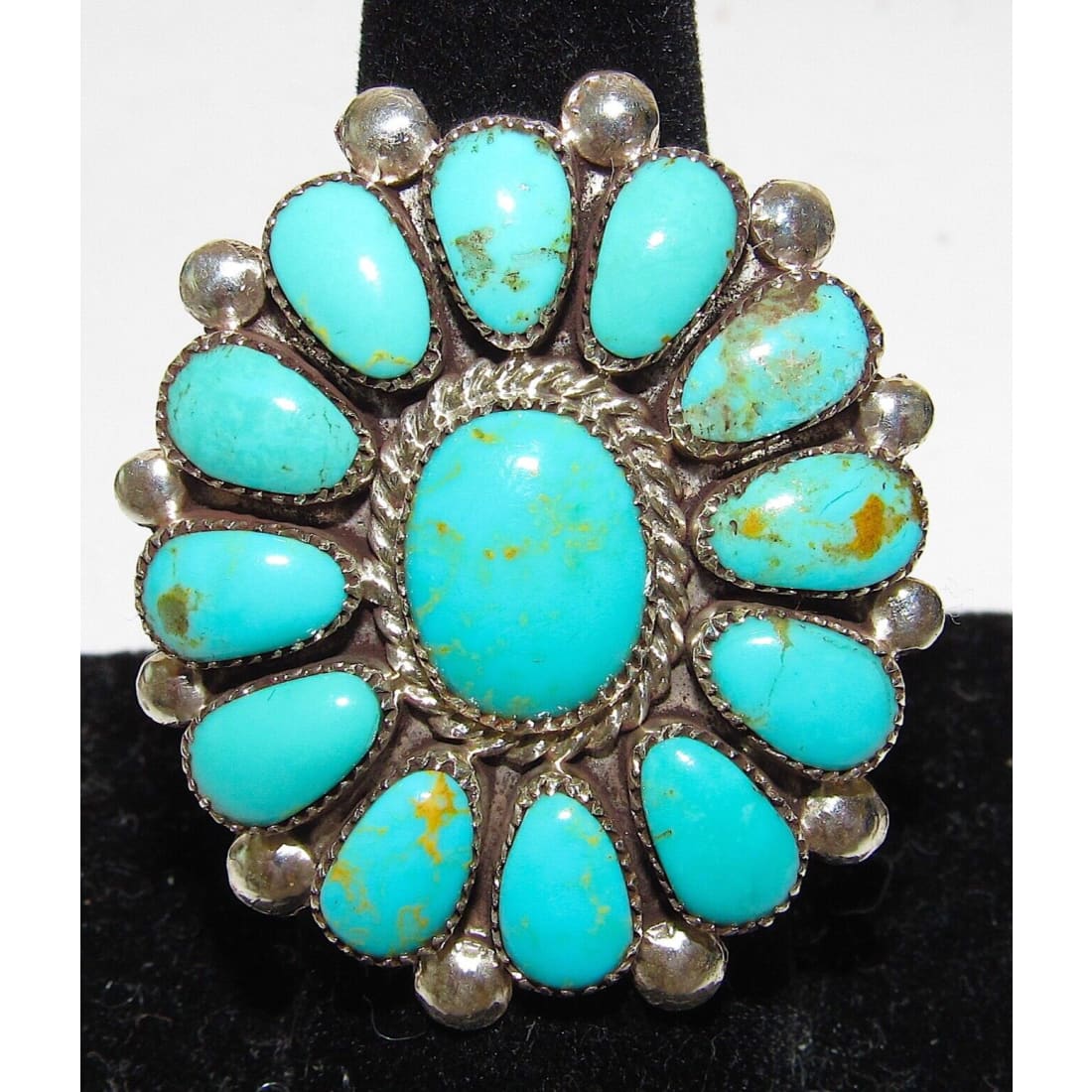 Zuni Royston Turquoise Statement Cluster Ring Sz 9 Sterling
