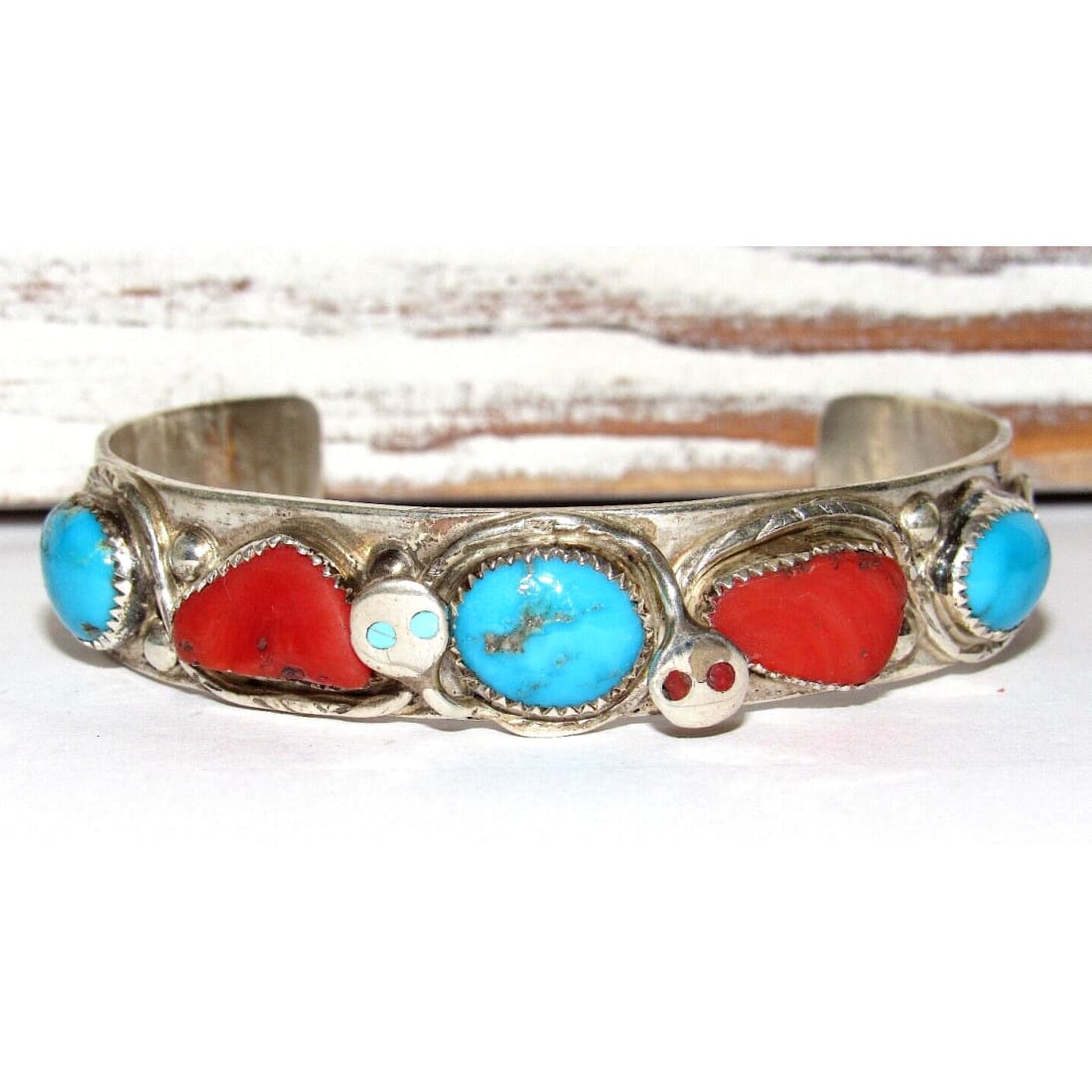 Zuni Snake Bracelet Turquoise & Coral Sterling Silver Jude