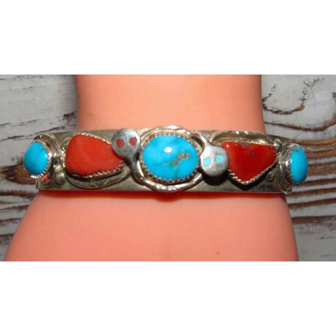 Zuni Snake Bracelet Turquoise & Coral Sterling Silver Jude