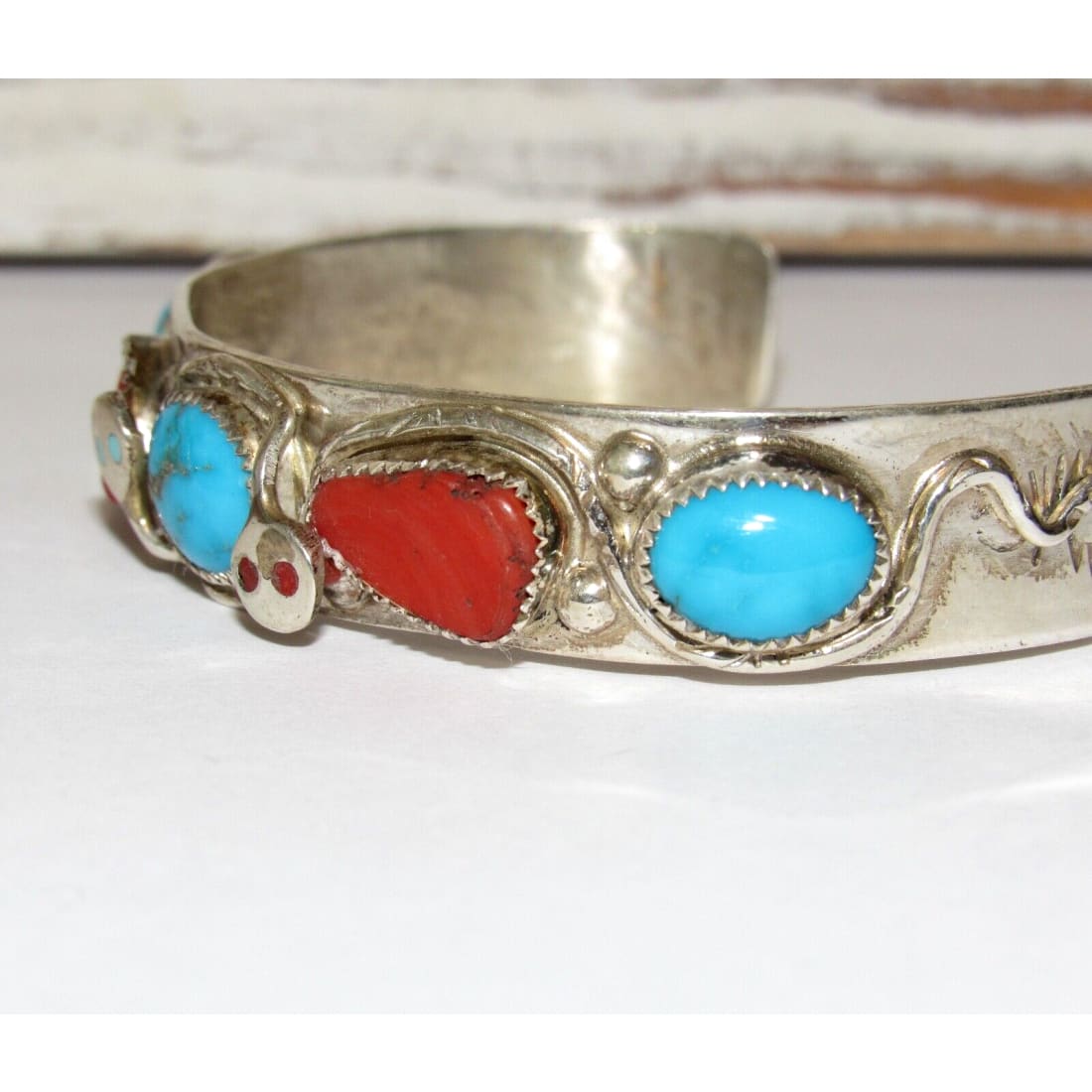 Zuni Snake Bracelet Turquoise & Coral Sterling Silver Jude
