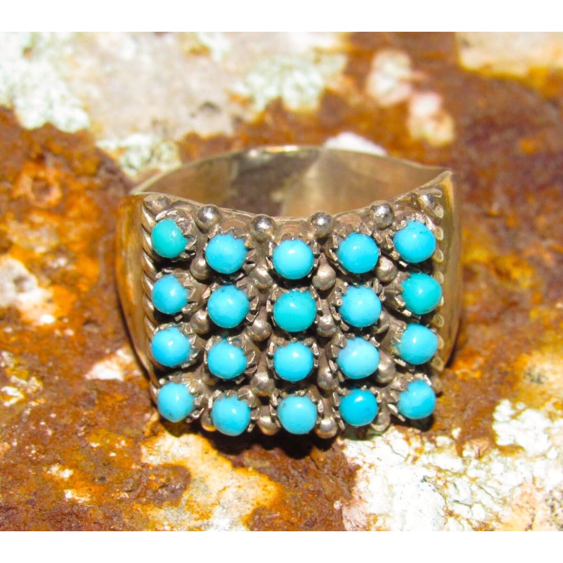 Zuni Snake Eye Turquoise Cluster Ring Size 8 Sterling Silver