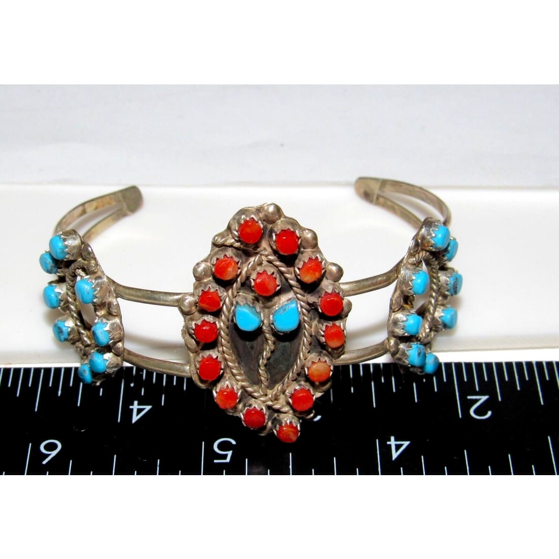 Zuni Snake Eye Turquoise Coral Cuff Bracelet Sterling Silver