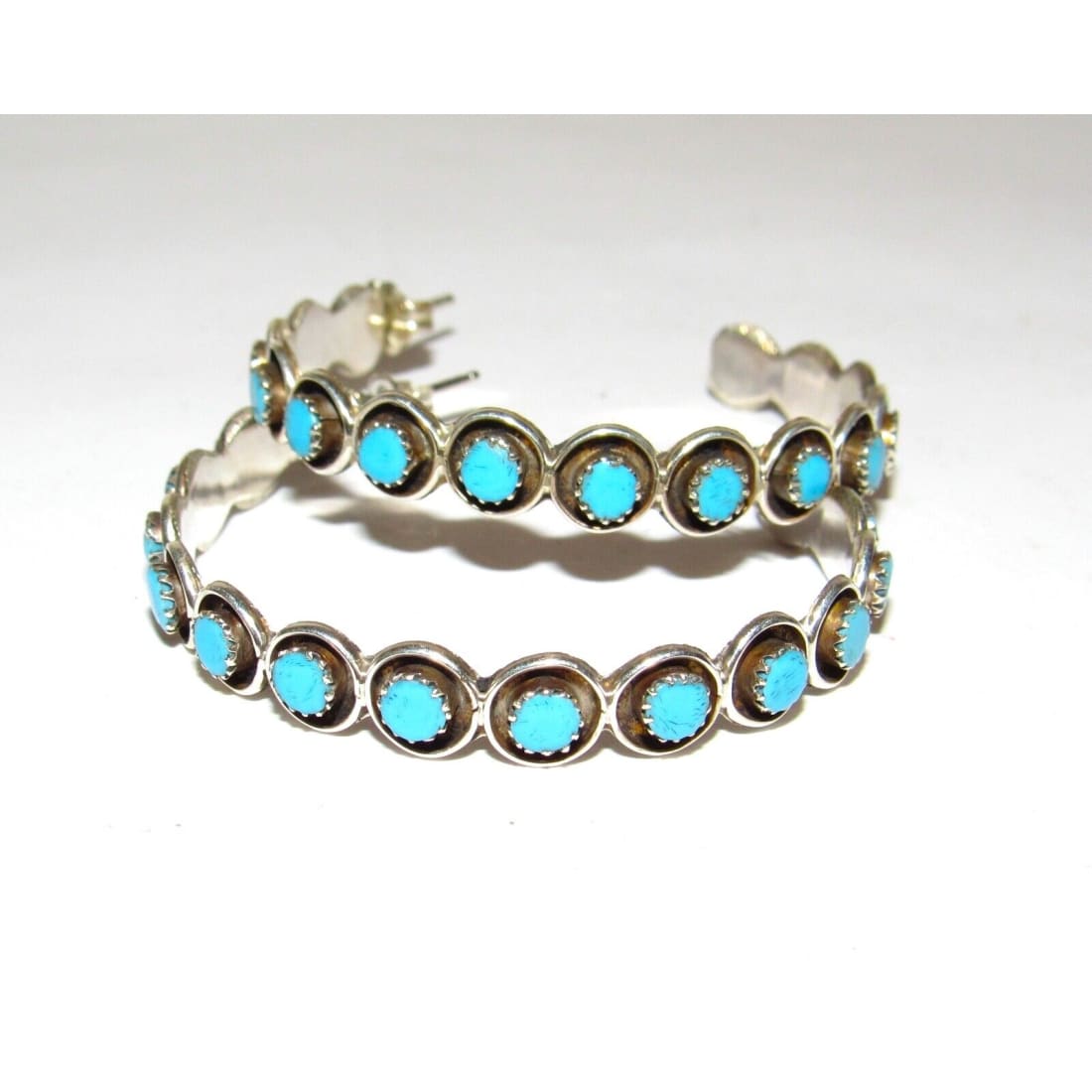 Zuni Snake Eye Turquoise Large Hoop Earrings Sterling Silver