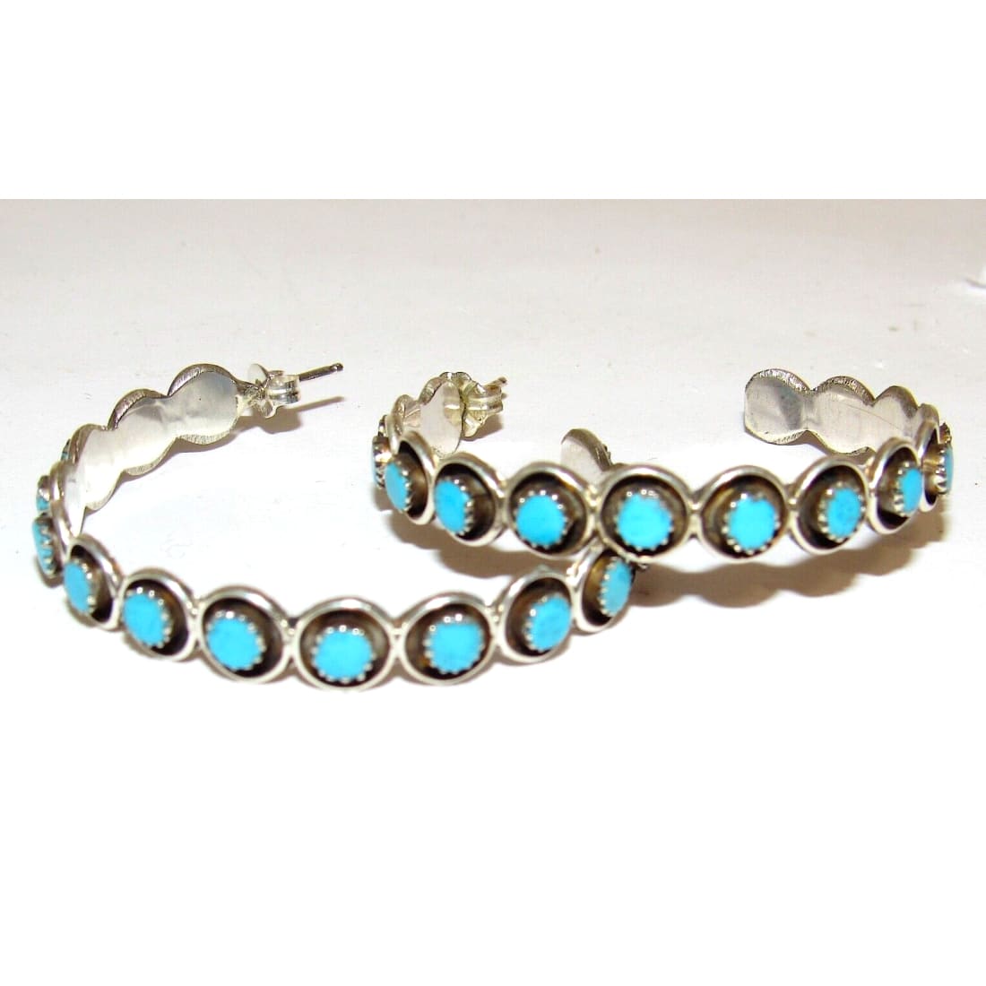 Zuni Snake Eye Turquoise Large Hoop Earrings Sterling Silver