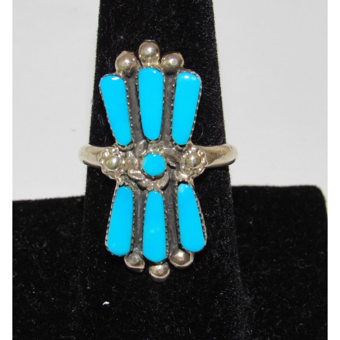 Zuni Turquoise Cluster Ring Sz 7.5 Sterling Silver Native