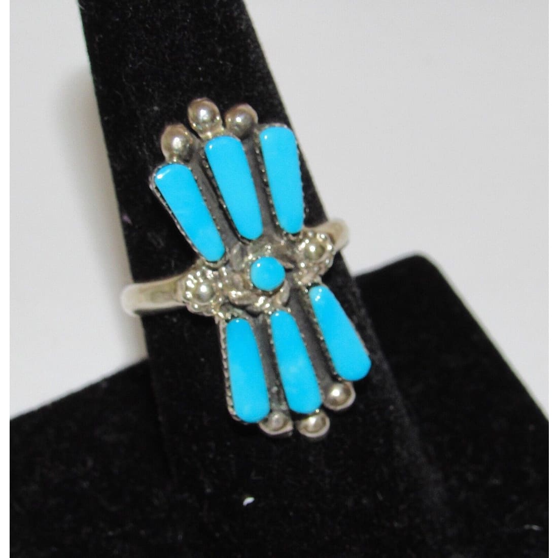 Zuni Turquoise Cluster Ring Sz 7.5 Sterling Silver Native