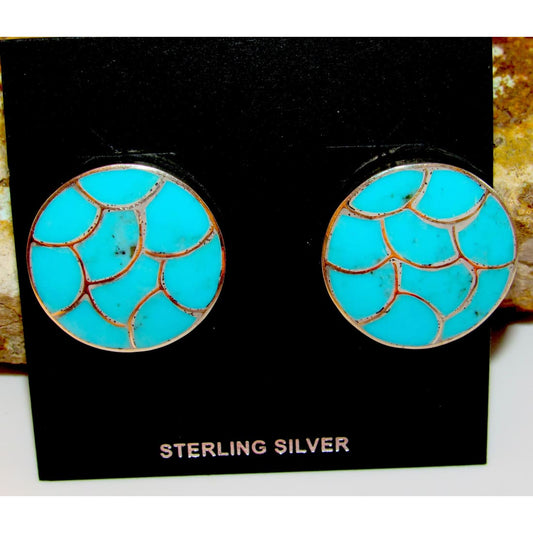 Zuni Turquoise Fish Scale Inlay Post Earrings Sterling K.