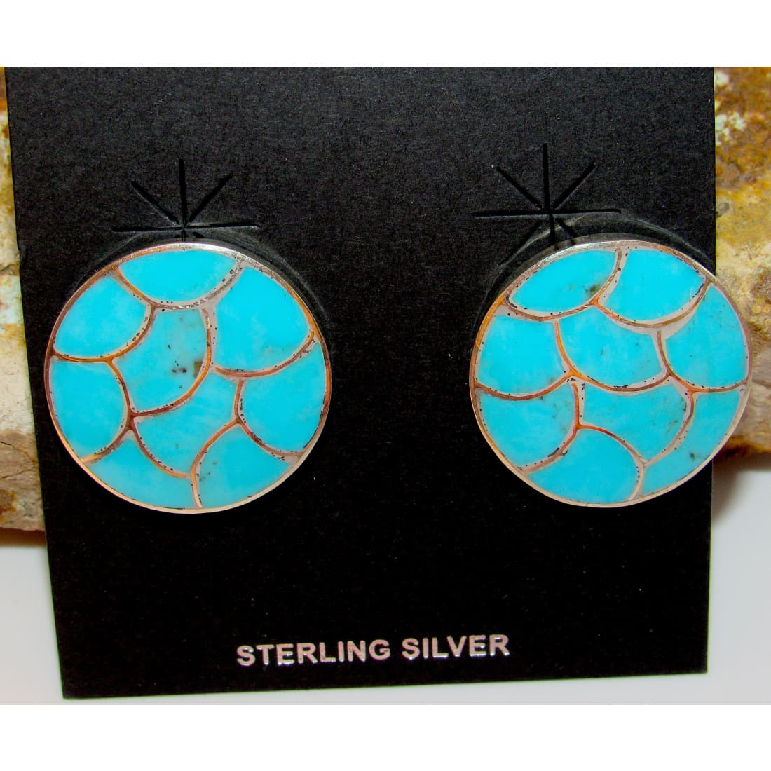 Zuni Turquoise Fish Scale Inlay Post Earrings Sterling K.