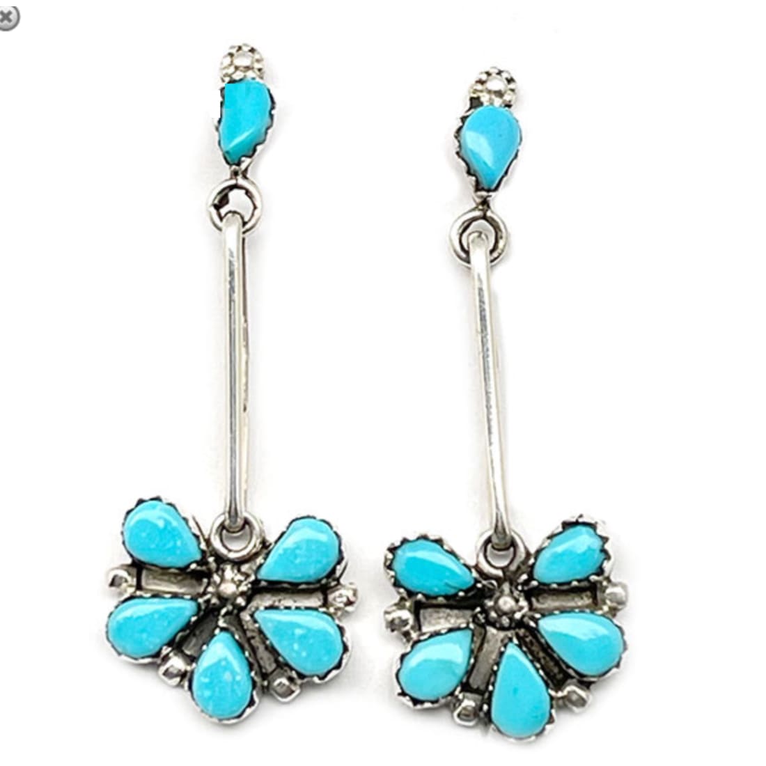 Zuni Turquoise Half Cluster Dangle Earrings Sterling Silver