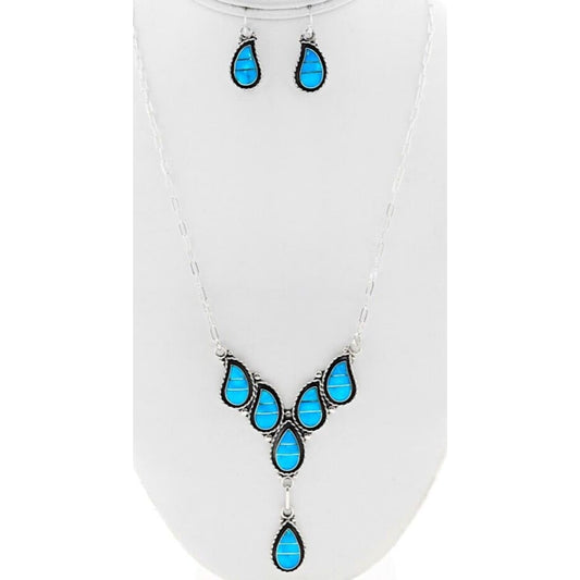 Zuni Turquoise Inlay Necklace and Earrings Set Sterling