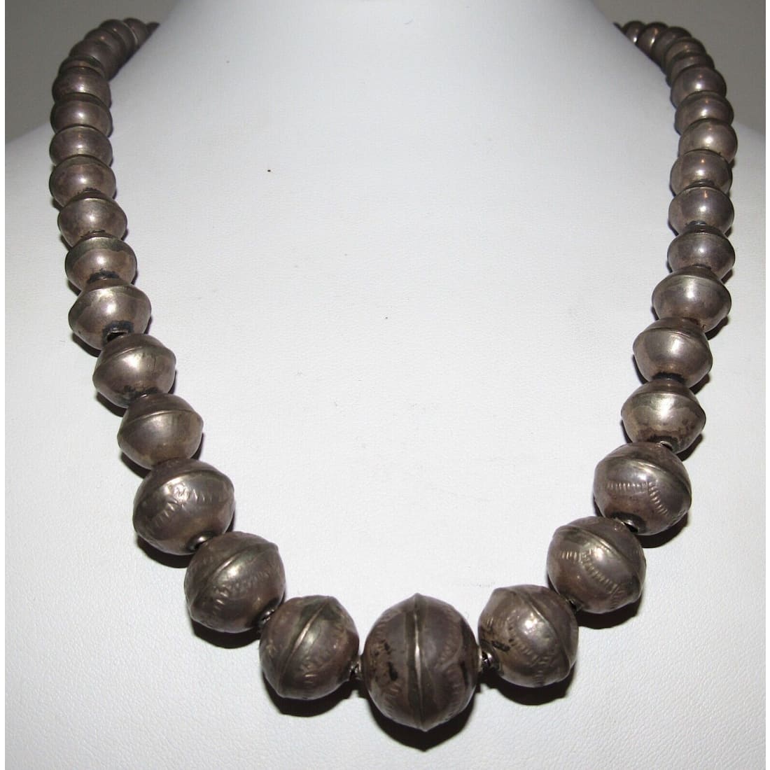 Early Navajo Pearls Necklace Hand Stamped Graduated Saucer