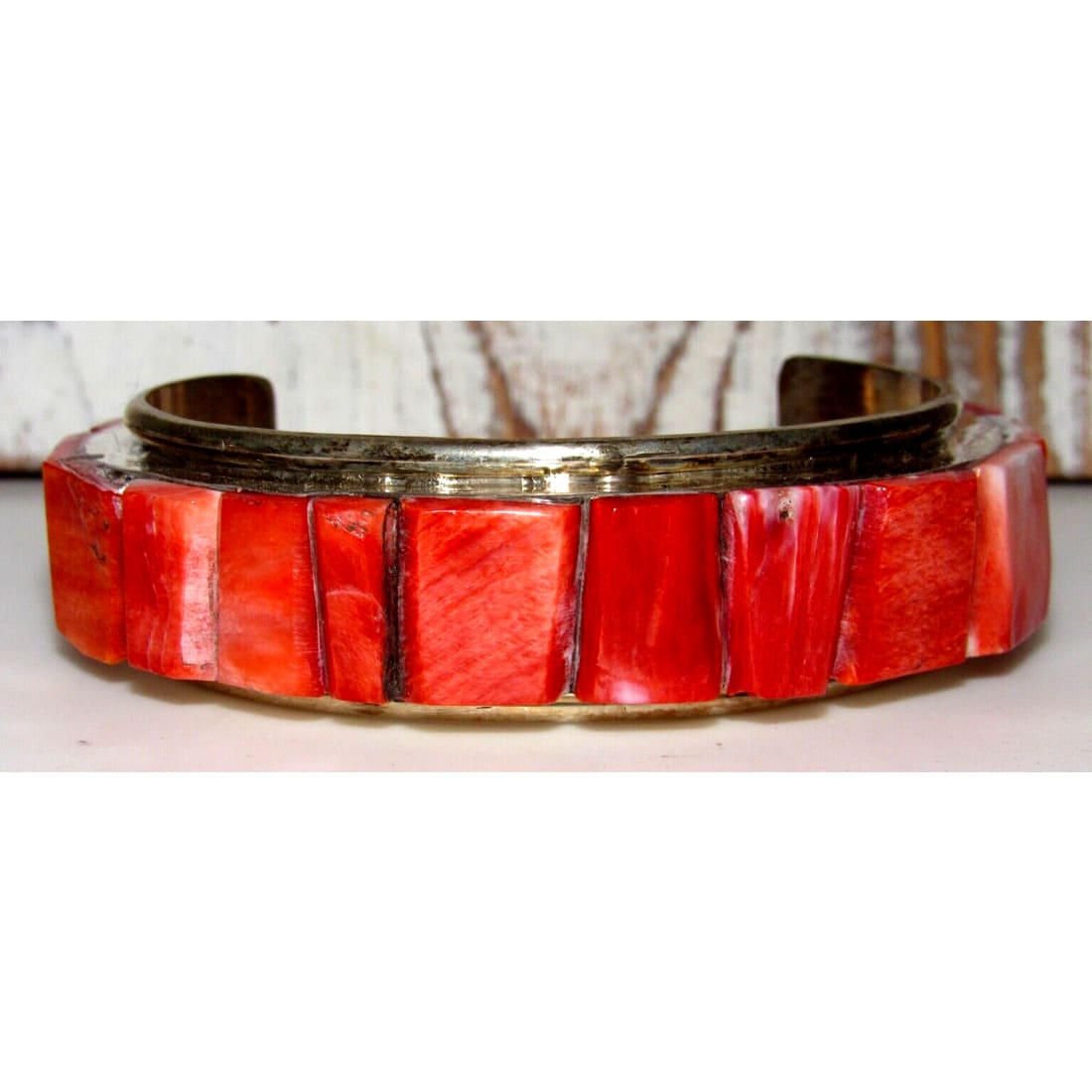 Massive Navajo Inlay Bracelet Red Spiny Sterling Cuff Native