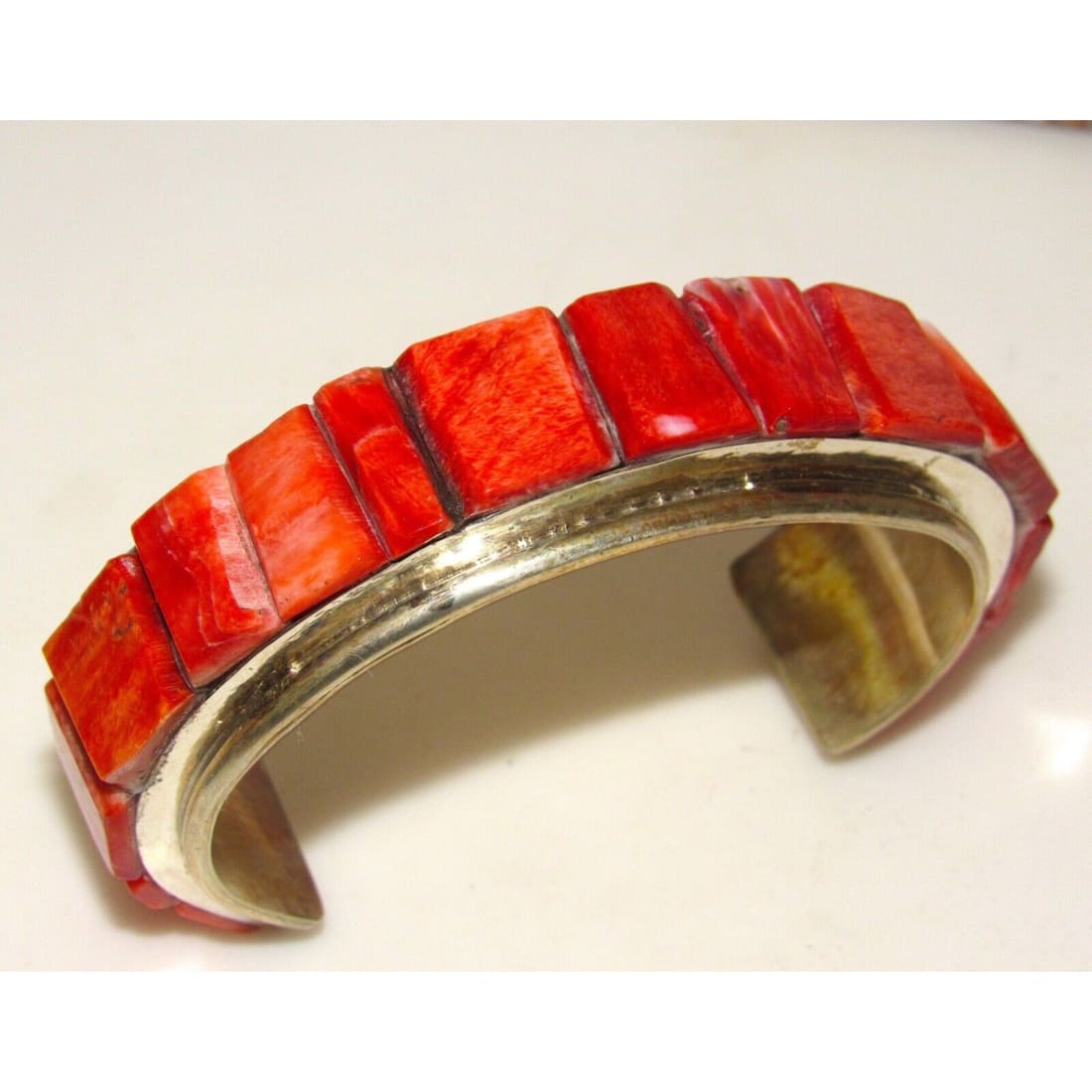 Massive Navajo Inlay Bracelet Red Spiny Sterling Cuff Native
