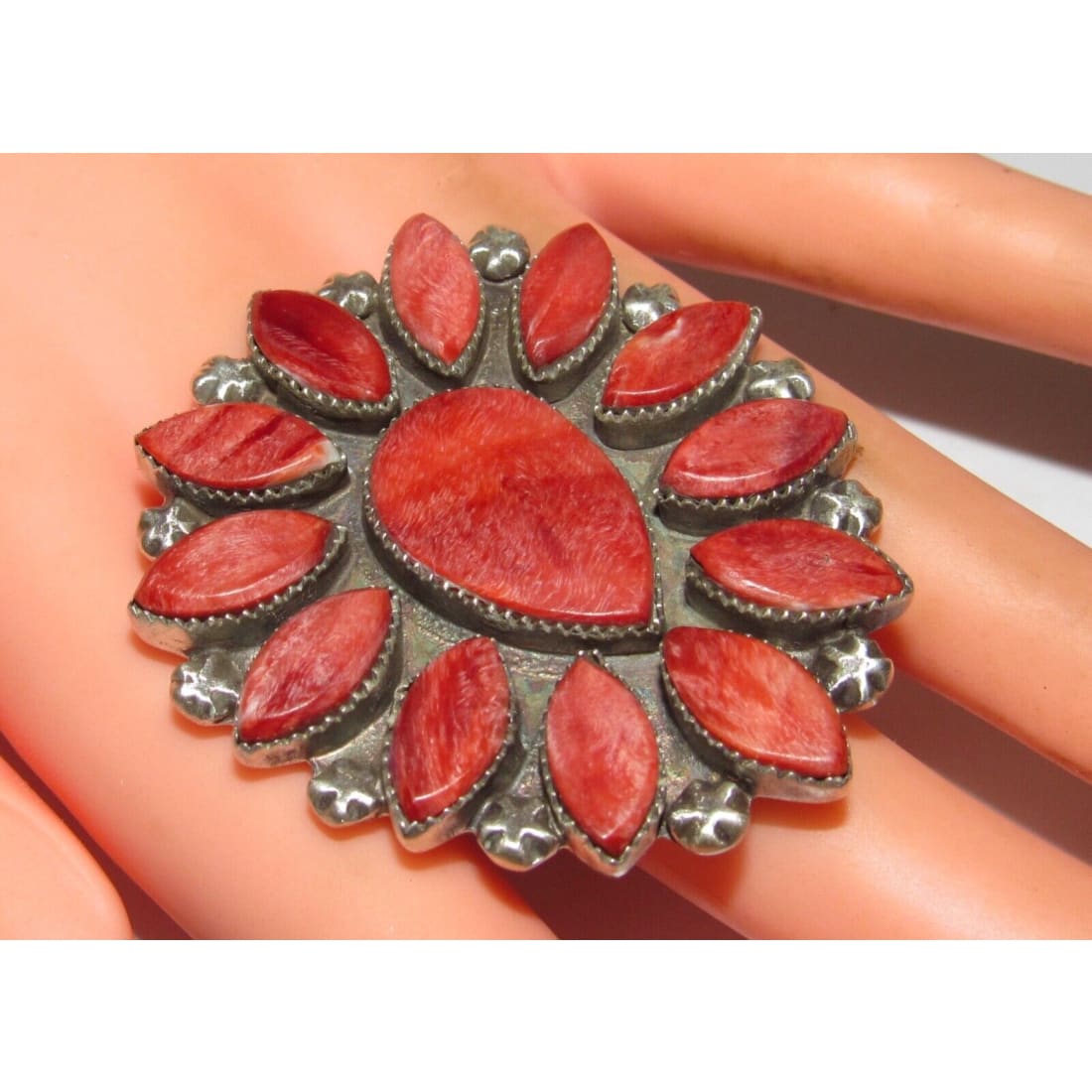 Massive Navajo Red Spiny Oyster Cluster Ring Sz 9 Sterling