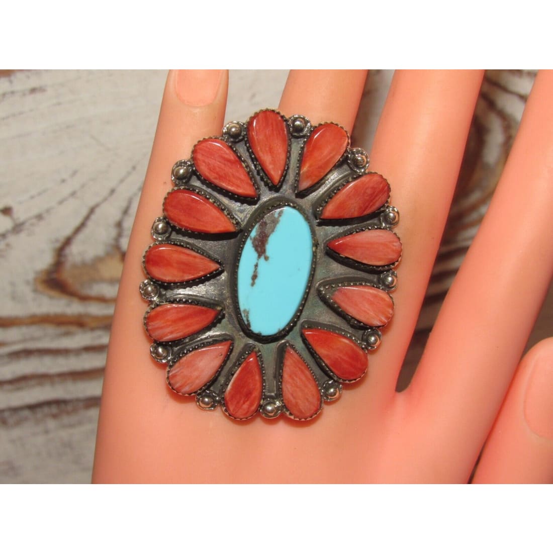 Massive Navajo Turquoise Red Spiny Cluster Ring Sz 7.5